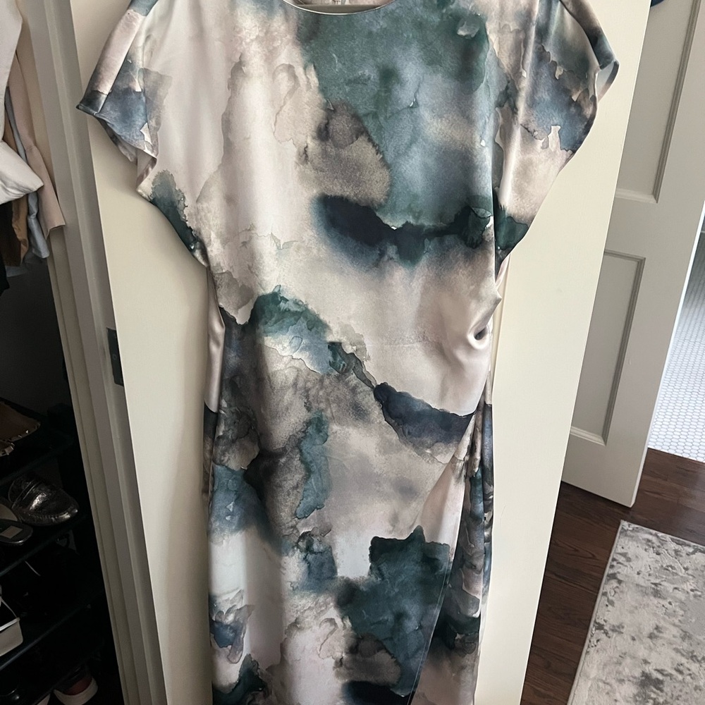 Zara Blue and White Sheath Midi Dress with Dolman Sleeves